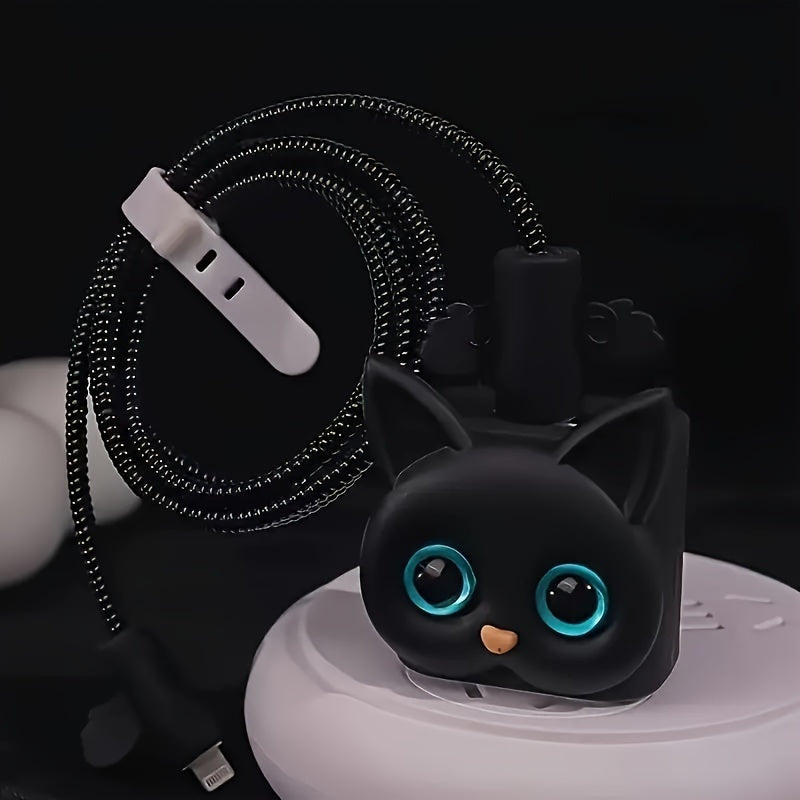 5-Pack Cute Cat Pattern Charger Protector, 18/20W Fast Charging Head Anti-Break Cable Organizer, TPU Material, No Battery, Ideal Gift for Boyfriend/Girlfriend